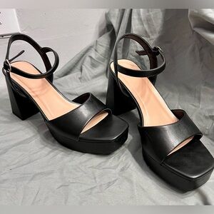 Black Platform Sandals with Block Heel and Adjustable Ankle Strap